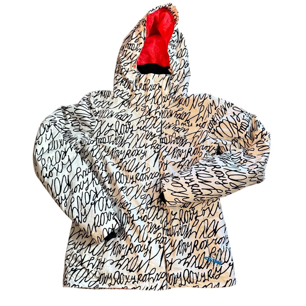 Roxy White Script Print Ski Jacket with Red Lining